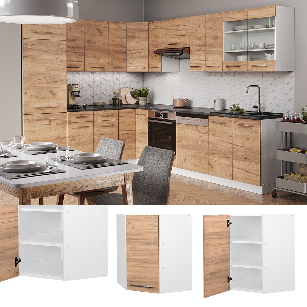 Vicco Eckhängeschrank Küchenschrank Küchenmöbel Fame-Line Weiß Eiche modern 57 cm Küche Einbauküche Eckküche Hängeschrank Drehtür Einlegeboden Küchenzeile