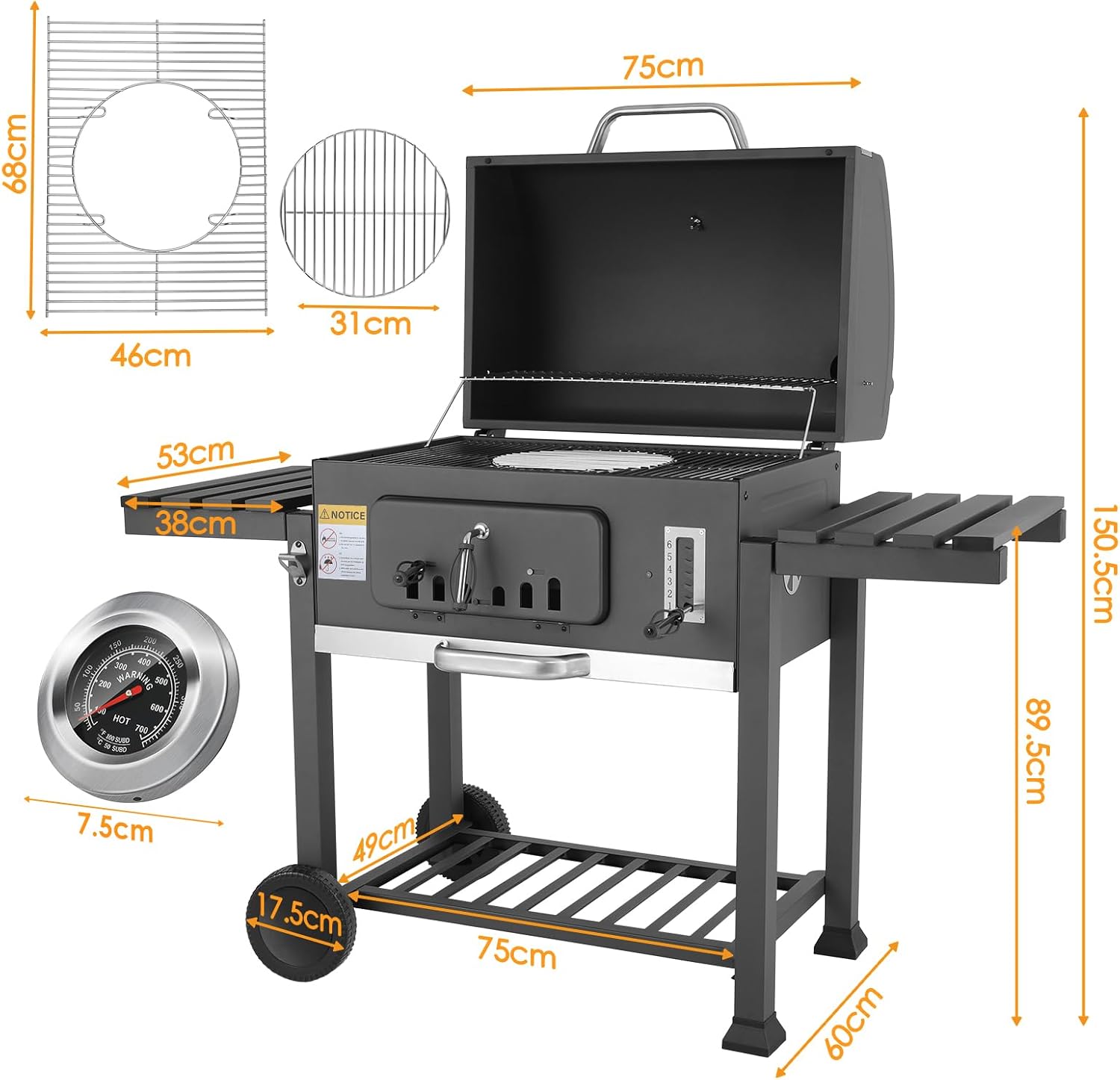 Barbecue Charbon de Bois XL, Chariot à Barbecue, Grill XL à Charbon avec Couvercle, Roues et Thermomètre, Réglable en Hauteur, Grand Barbecue au Charbon de Bois, pour Camping et Jardin, Noir