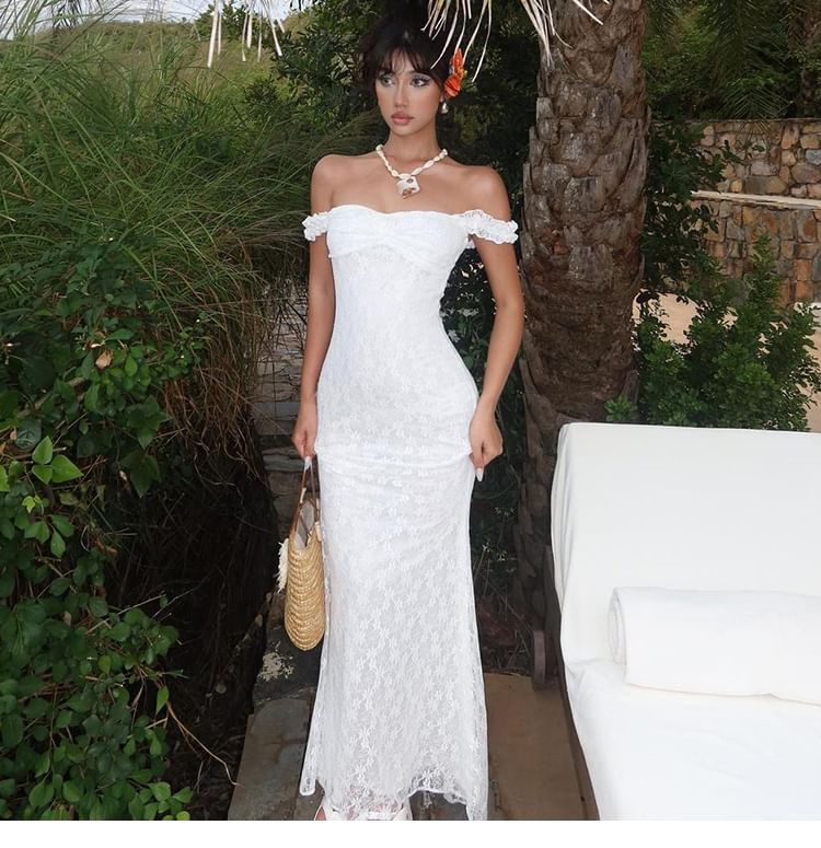 Bababy - Off-Shoulder Maxi-jurk met bloemenkant