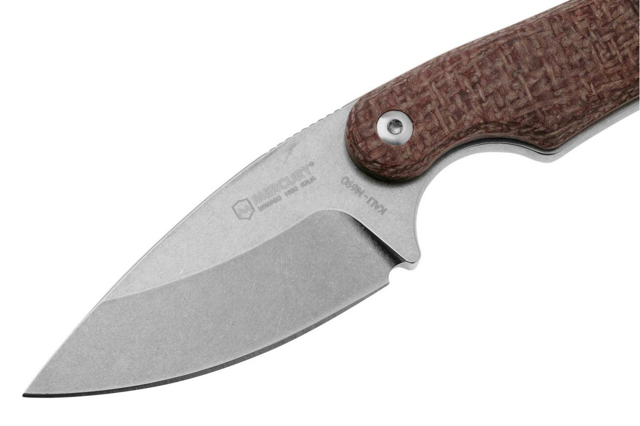 Mercury Kali 9KALIDP-BRFC, N690 Stonewashed Drop Point, Red Burlap Micarta, vaststaand mes