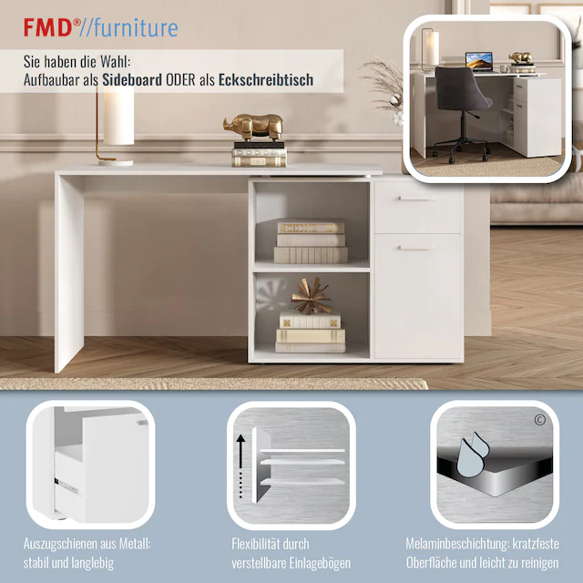 FMD Eckschreibtisch »AUGSBURG« Schreibtisch/ Sideboard m. Stauraum, beids. montierb., 117 oder 148 cm