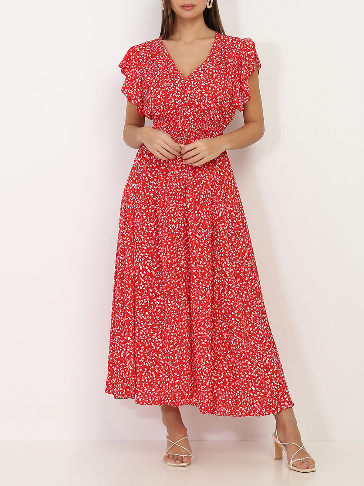 Robe longue fleurie à volants- Rouge