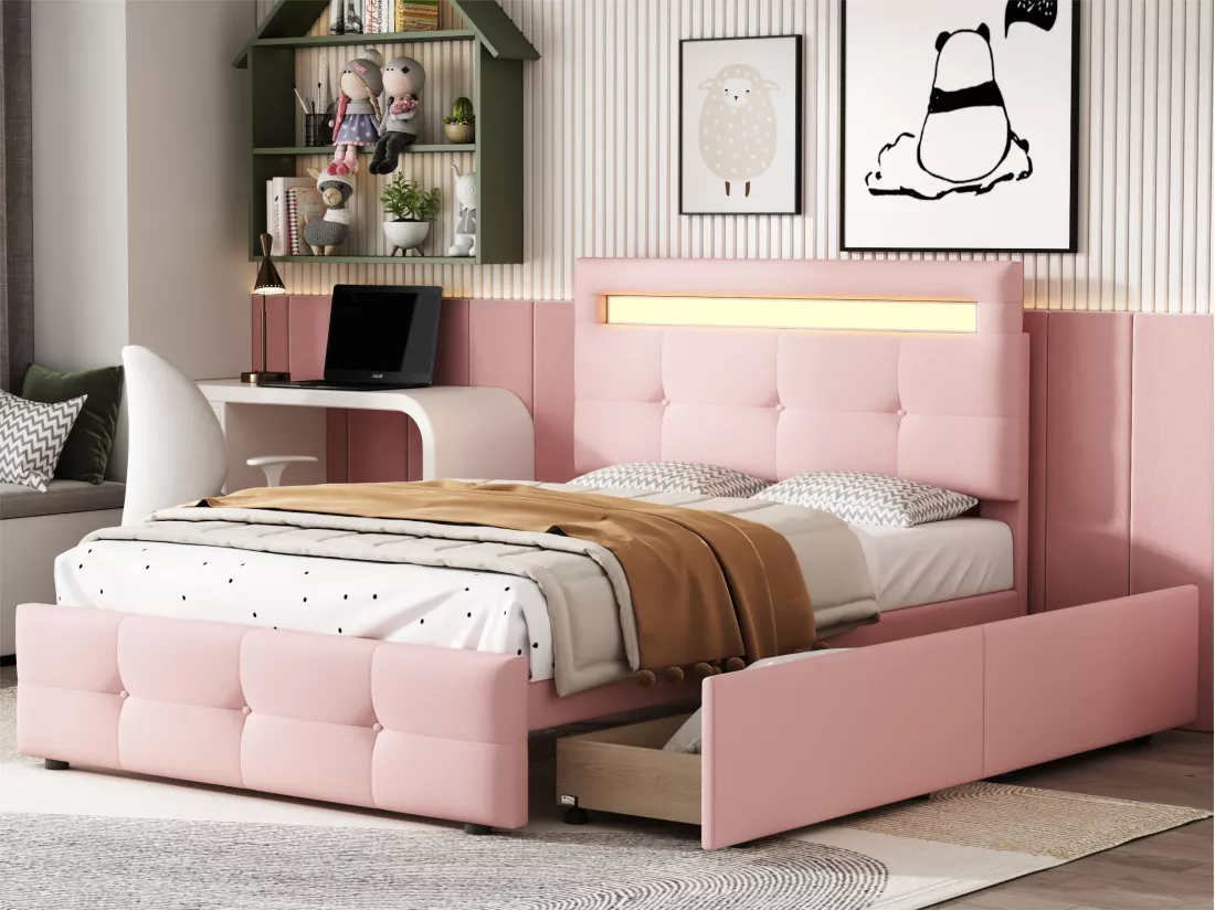 Lit simple 90x200cm en tissu de lin avec LED et 2 tiroirs - Rose