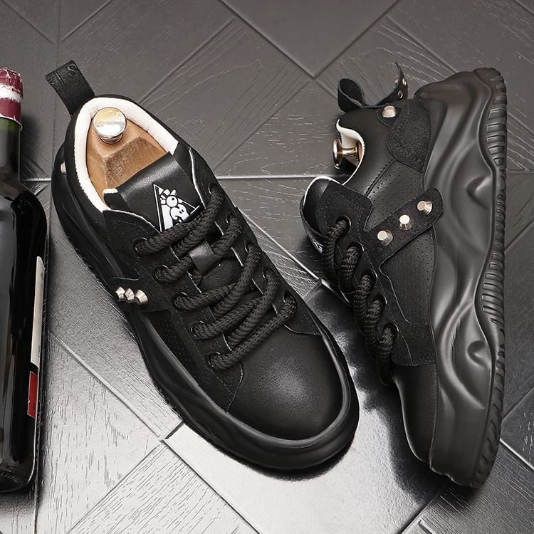 Mr Ozera - Platform Plain Studded Faux Leather Lace-Up Sneakers