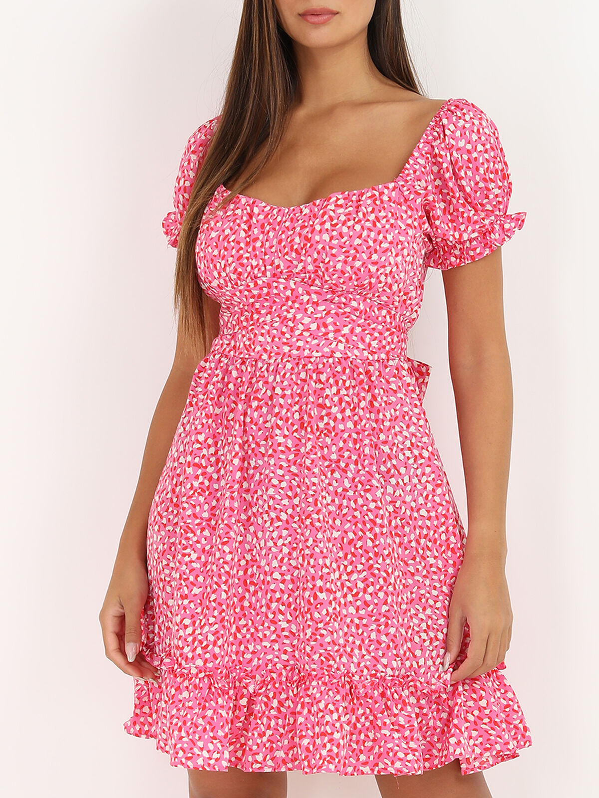 Robe tachetée à col bardot- Fuchsia