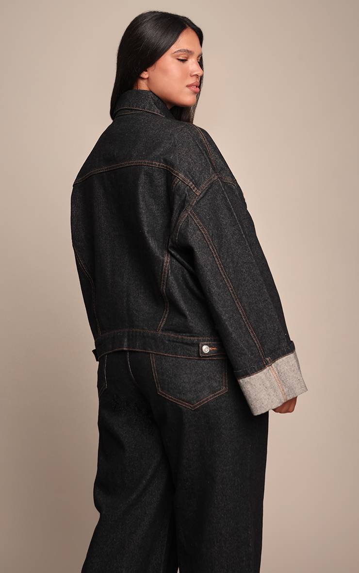 Bleu Indigo Veste En Jean Grande Taille Délavage Brut Avec Revers Et Surpiqûres Contrastées