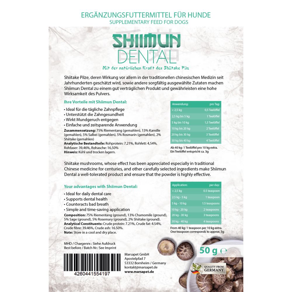 Bellfor Nahrungsergänzungs für Hunde mit Shiitake - Shiimun Dental Pulver