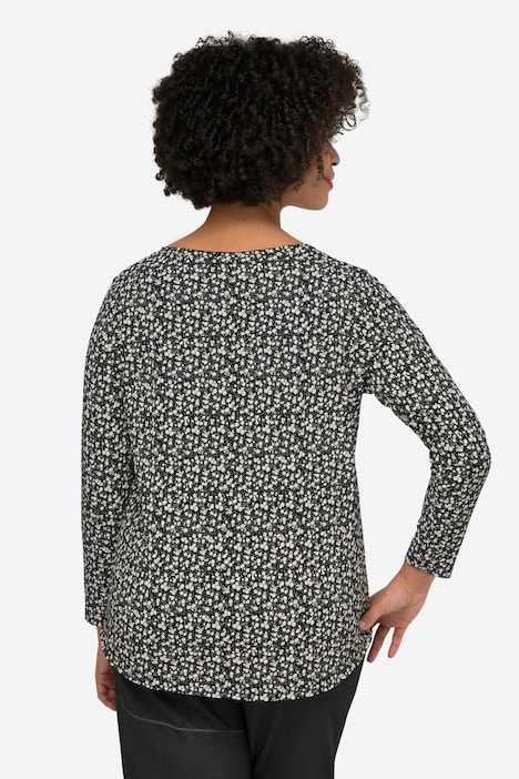 T-Shirt, A-Line, Blütenmuster, Rundhals, Langarm, offenkantige Abschlüsse