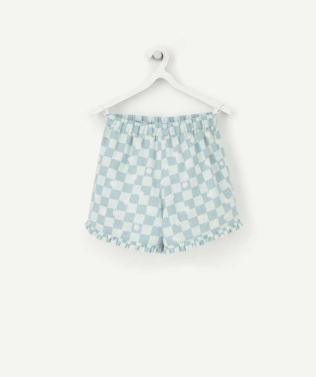 SHORT FILLE EN COTON ET DAMIER VERT AVEC MARGUERITES