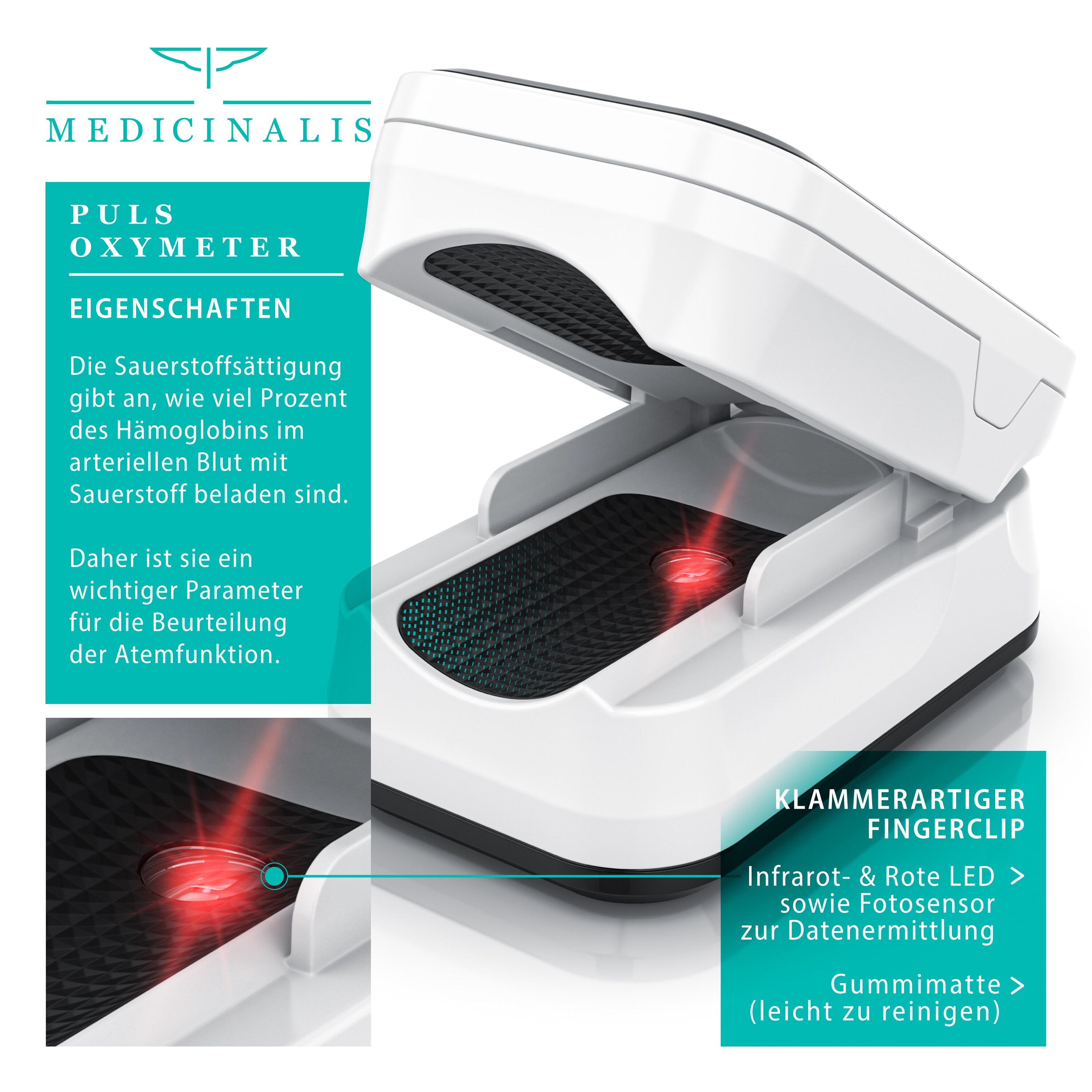 Medicinalis Pulsoximeter Finger - SpO2 Pulsmesser - Fingerpulsoximeter - Messung von Puls und Sauerstoffsättigung am Finger - OLED Display