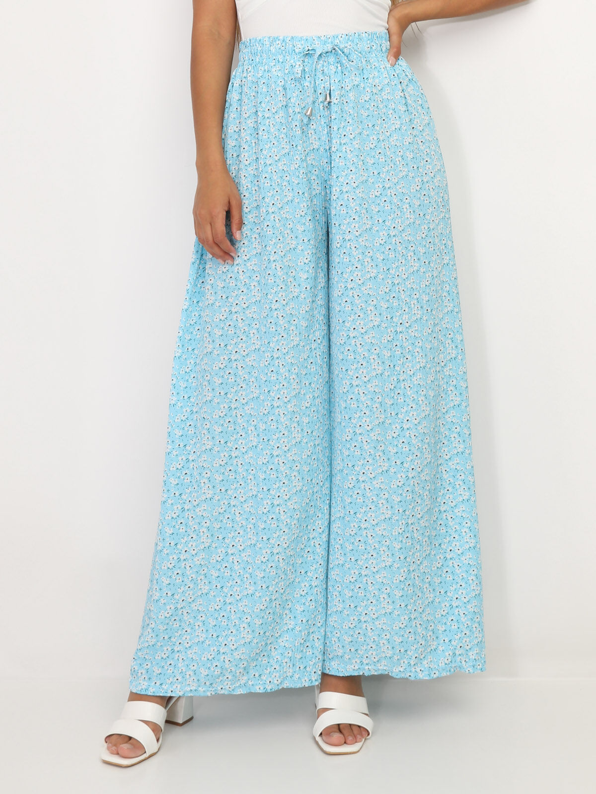 Pantalon plissé à motif floral- Bleu clair