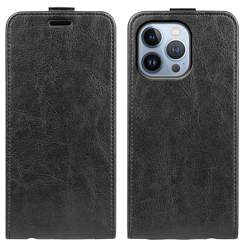 iPhone 14 Pro Leder Tasche Flip Cover Vertikal im Retro Look mit Kartenfach - Schwarz