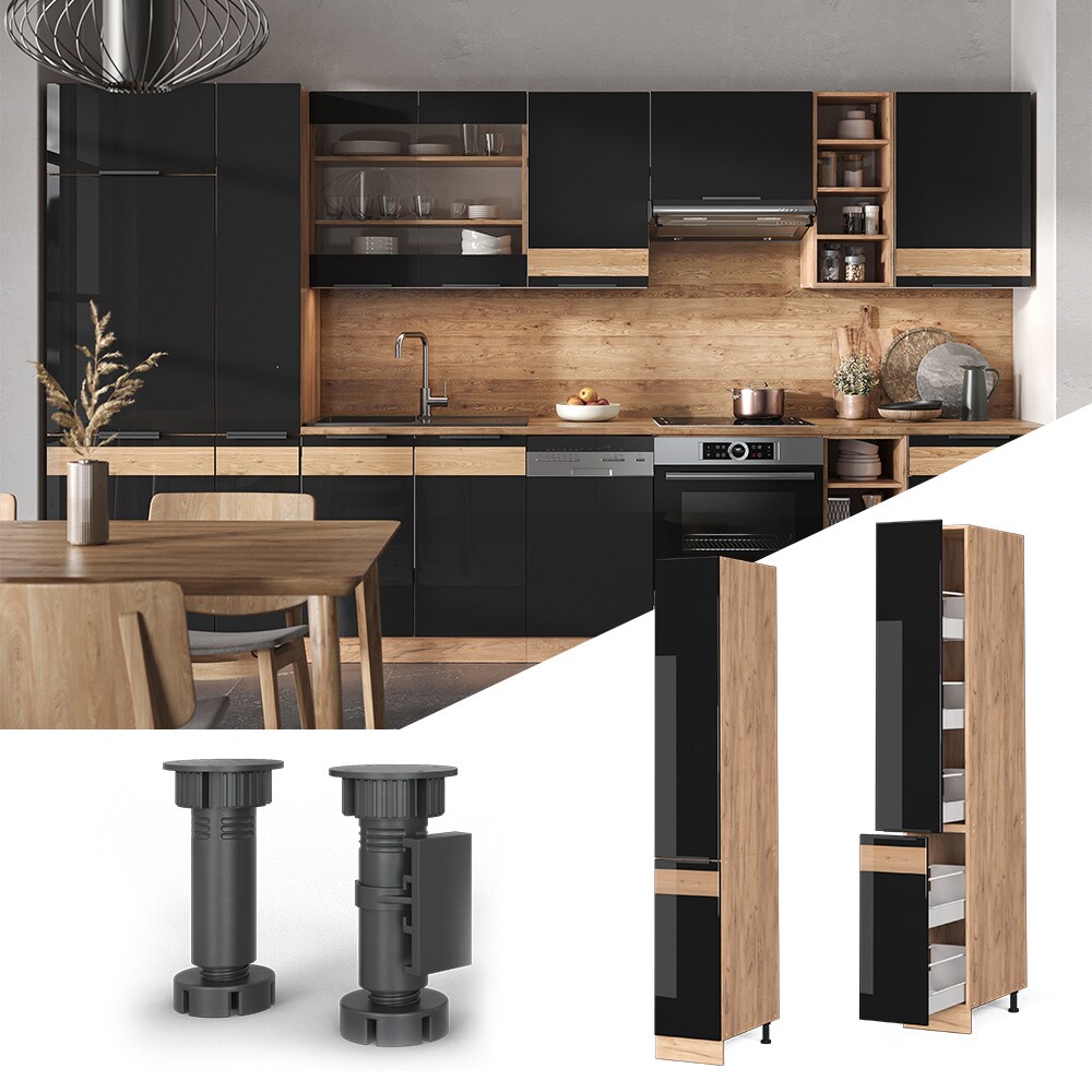 Vicco Apothekerhochschrank Küchenschrank Küchenmöbel Fame-Line Eiche Schwarz 30 cm modern Hochglanz