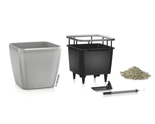 Lechuza Quadro plantenbak 21 x 21 x H 20 cm zilver incl. zelfbewateringssysteem, plantenbak, substraat en waterniveau-indicator
