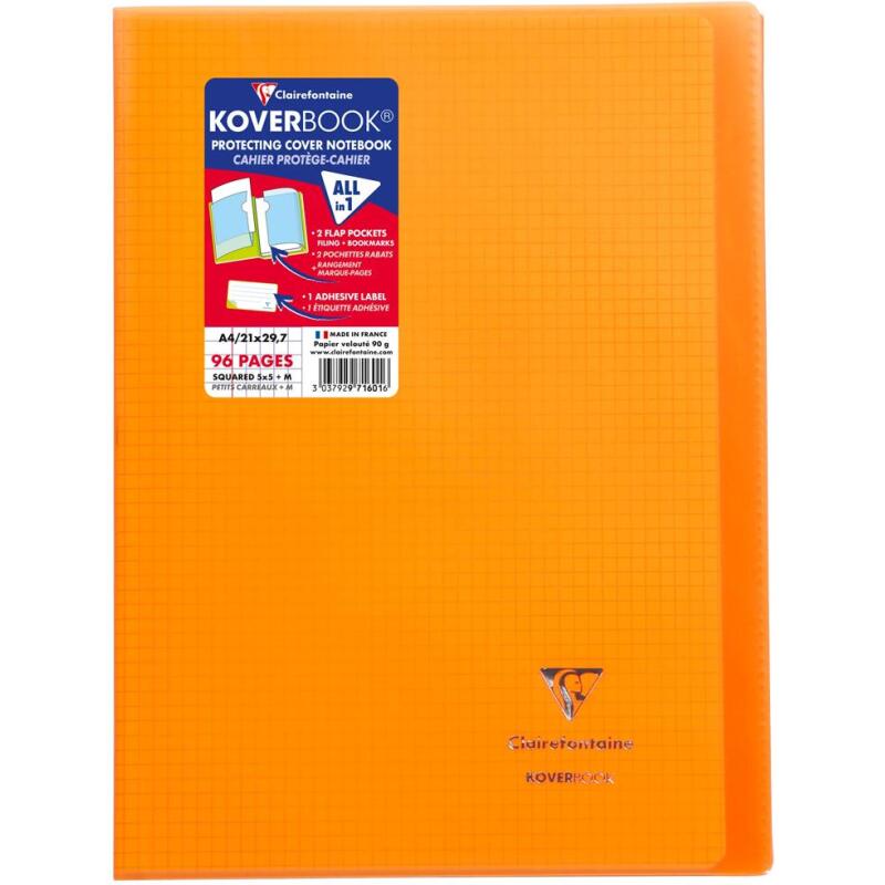 Cahier piqué Koverbook A4 96 pages petits carreaux + marge couverture polypropylène transparent - Assortis