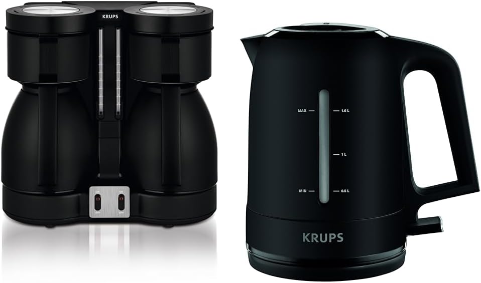 Krups KT8501 Doppel-Kaffeeautomat Duothek Thermo, schwarz & BW2448 Wasserkocher Pro Aroma, 1,6 L, 2,400 W mit beleuchtetem Ein-/Ausschalter, schwarz