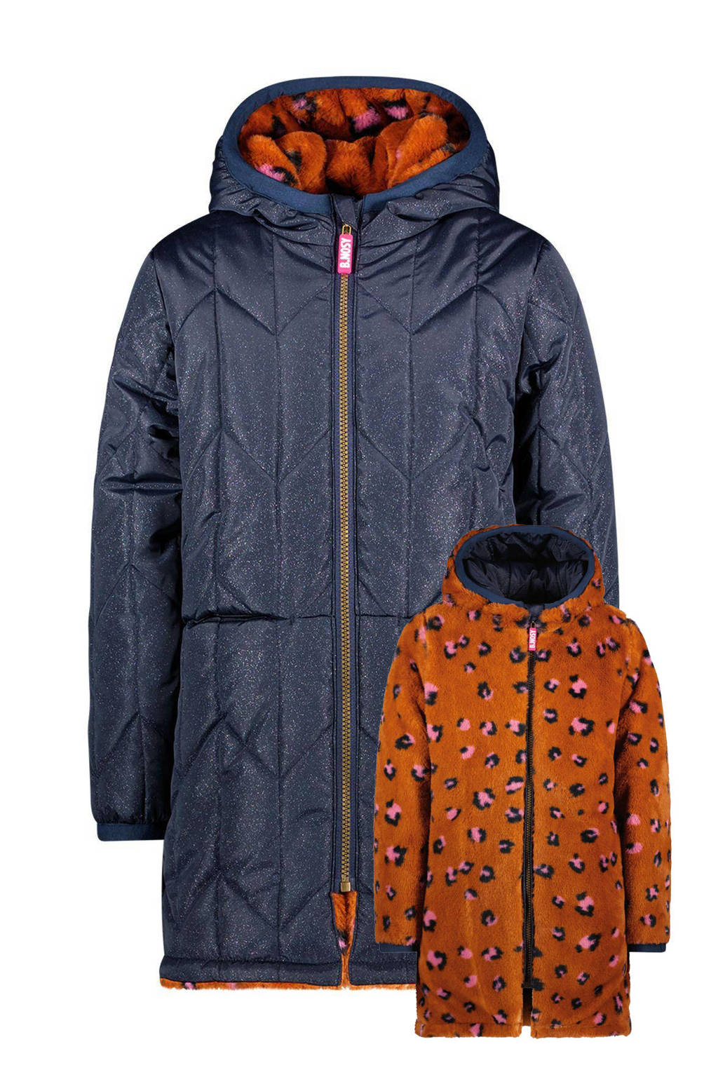 reversible winterjas met imitatiebont roest/blauw