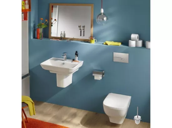 WC suspendu sans bride Jacob Delafon Struktura + abattant + Bâti support + Even Plaque de commande WC carré chromé