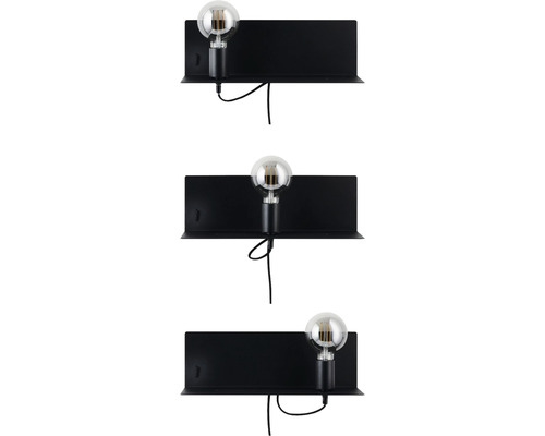Wandlamp met plank + USB-aansluiting, 1-lamp, HxBxD 13x40x17 cm, Devara zwart met schakelaar