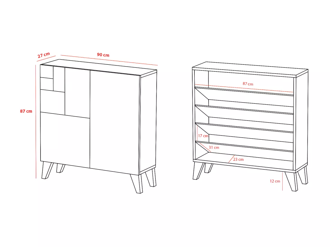 Meuble à chaussures/rangement - H87cm x L90cm x P27cm chêne dore pieds blanc – Bergen