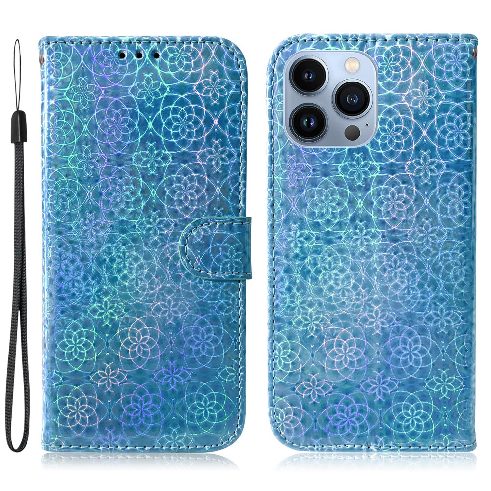 iPhone 13 Pro Leder Tasche Wallet mit Flower Laser Hologramm - Blau