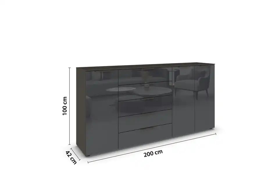 Sideboard Basaltgrau, Graphit Front: Glas, Oberboden: Dekor Graphit