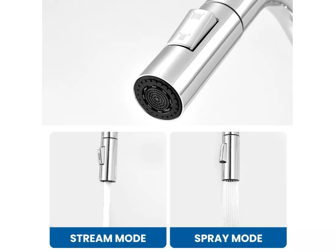Mitigeur Cuisine avec 2 Modes D'écoulement L'eau,Robinet D'évier Cuisine Pour Douchette Extensible,Rotation 360°,7 Formes, Acier Inoxydable