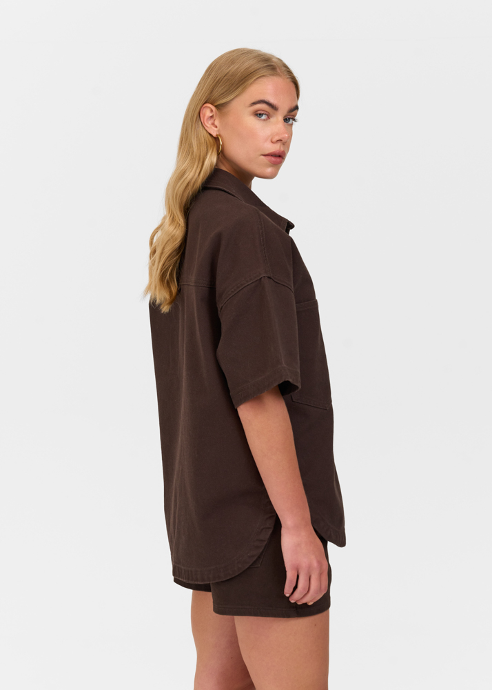Oversized denim blouse korte mouw deep choco