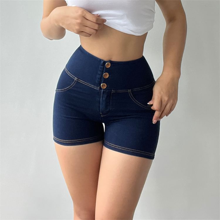 Arigne - Yogashorts met hoge taille en gewassen denim