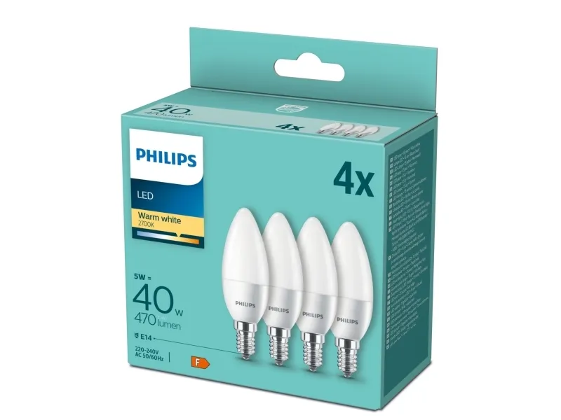 Philips - LED-lyspære - form: B35 - matteret finish - E14 - 5 W (tilsvarende 40 W) - klasse F - varmt hvidt lys - 2700 K (pakke med 4)