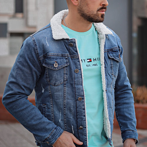 Veste Jean Slim Fit A Col Mouton Bleu Denim