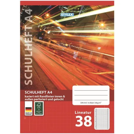 Stylex Schulheft City DIN A4, Lineatur 38, kariert, 5 mm Rand