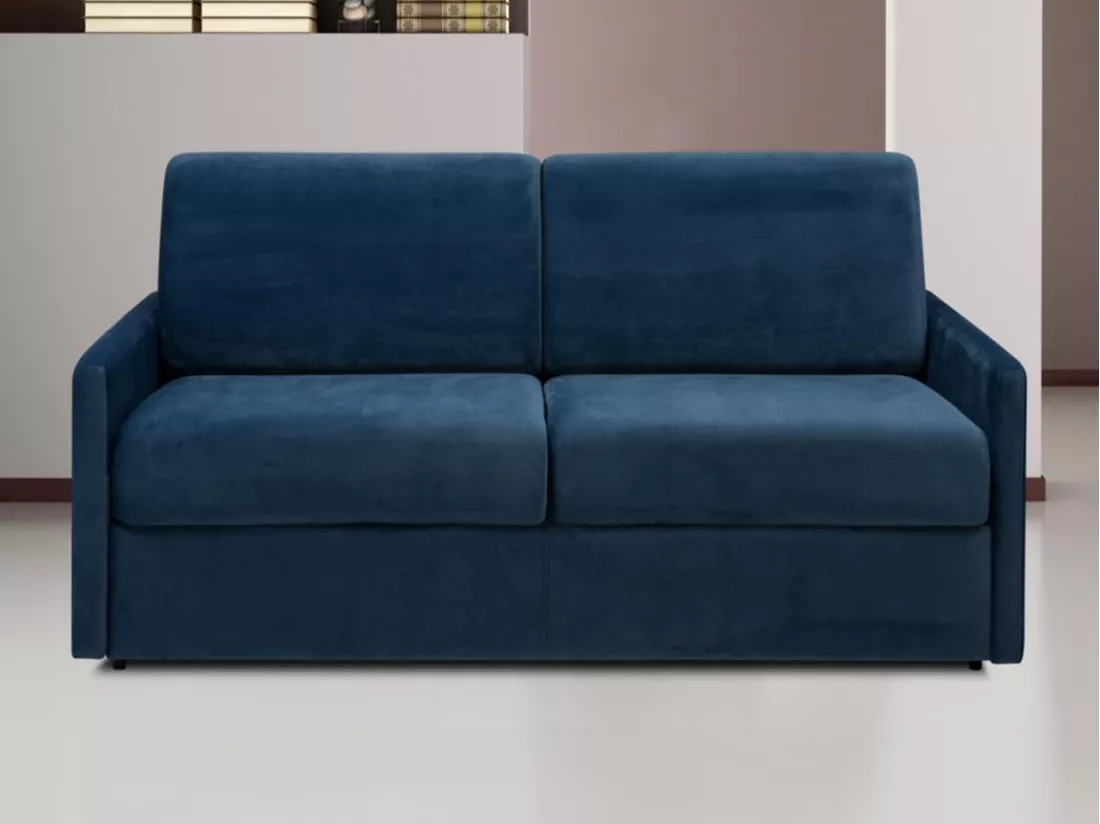 Canapé 3 places convertible express en velours bleu nuit - Couchage à lattes larges 140 cm - Matelas 18 cm CALIFE