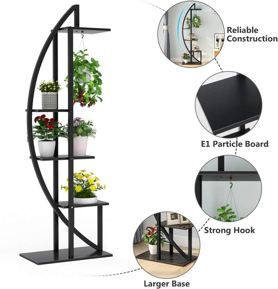 Tribesigns Blumenständer, 2 Stück Pflanzenregal mit 5 Ebenen und 2 Haken, 160cm Hoch Pflanzenständer Metall Blumenregal für Indoor Balkon Boden Blumentreppe Wohzimmer (Mattschwarz)