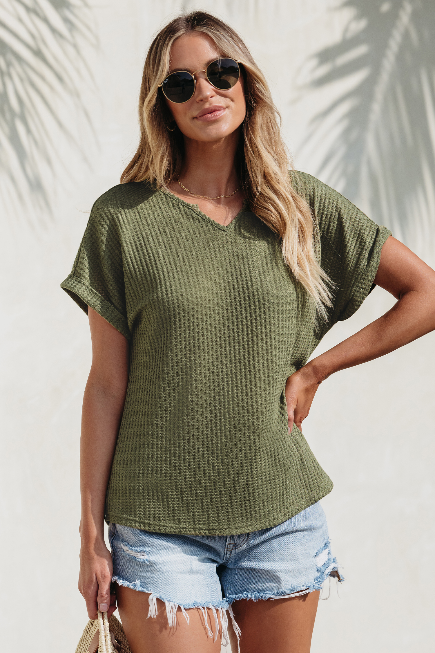 T-shirt en tricot gaufré vert olive