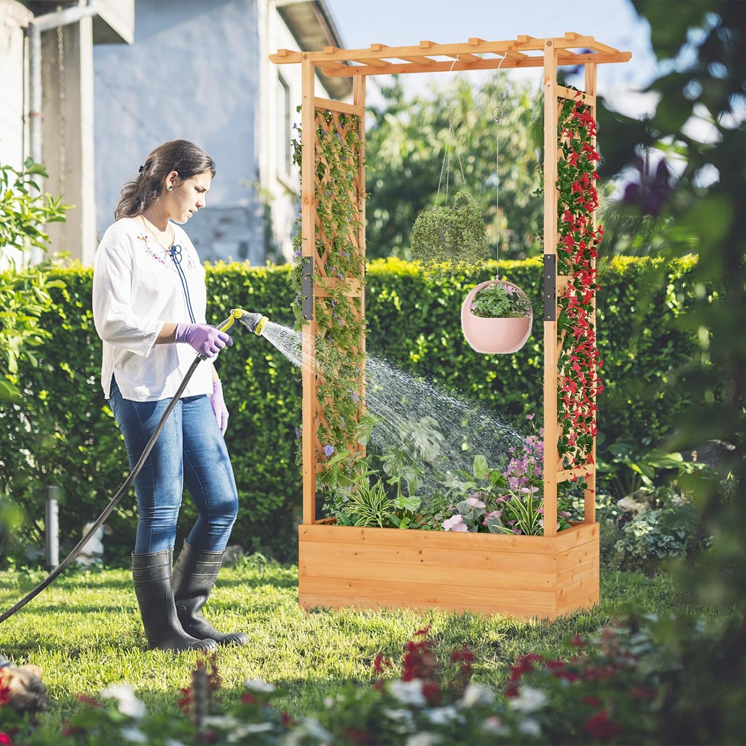 COSTWAY Hochbeet mit Rankgitter & hängendem Dach, Pflanzkasten mit Rankhilfe, Blumenkasten für Kletterpflanzen & hängende Körbe, für Hof Garten Terrasse, Pflanzgefäß aus Holz, Orange (110x44x182cm)