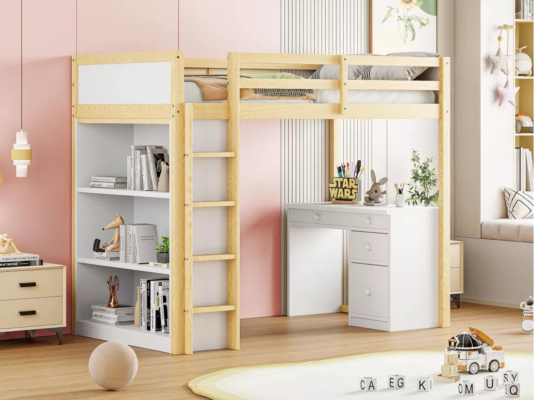 Lit mezzanine 90x200 cm - avec meubles de rangement et un bureau - en bois massif - Naturel