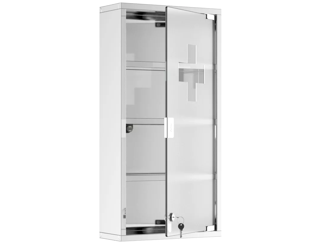 Armoire à pharmacie 3 étagères 4 niveaux 30L x 12l x 60H cm porte verre trempé symbole croix acier inoxydable brossé