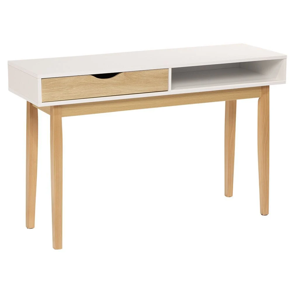 Console de bureau Lida 1 tiroir 1 niche en bois naturel et blanc