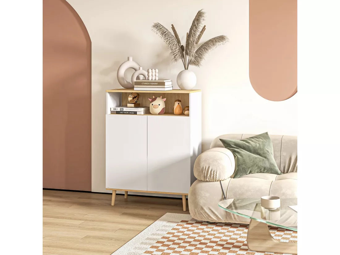 Buffet rangement design scandinave 2 portes étagère niche piètement bois pin panneaux blanc aspect chêne clair