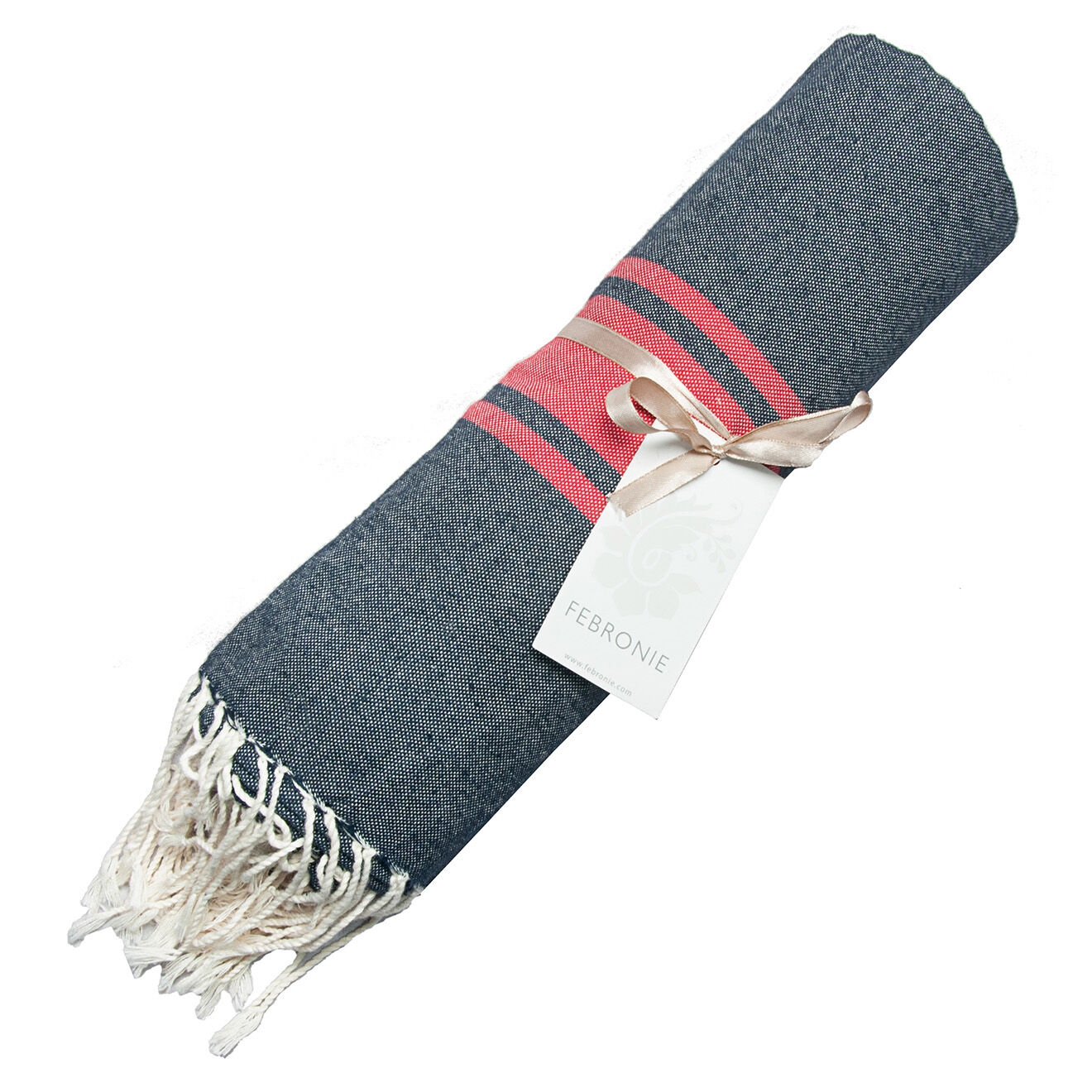 Febronie Fouta Traditionelle St Tropez bleu jean/rouge - 100x200 cm