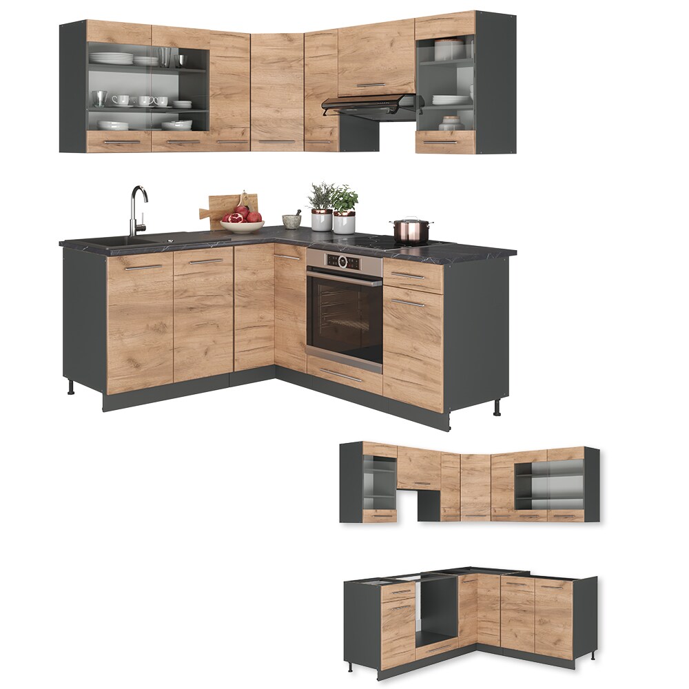 Vicco Eckküche Küchenzeile Einbauküche Fame-Line Anthrazit Eiche 190 cm modern Schubunterschrank Spülenunterschrank Eckunterschrank Herdumbauschrank Hängeglasschrank Hängeschrank