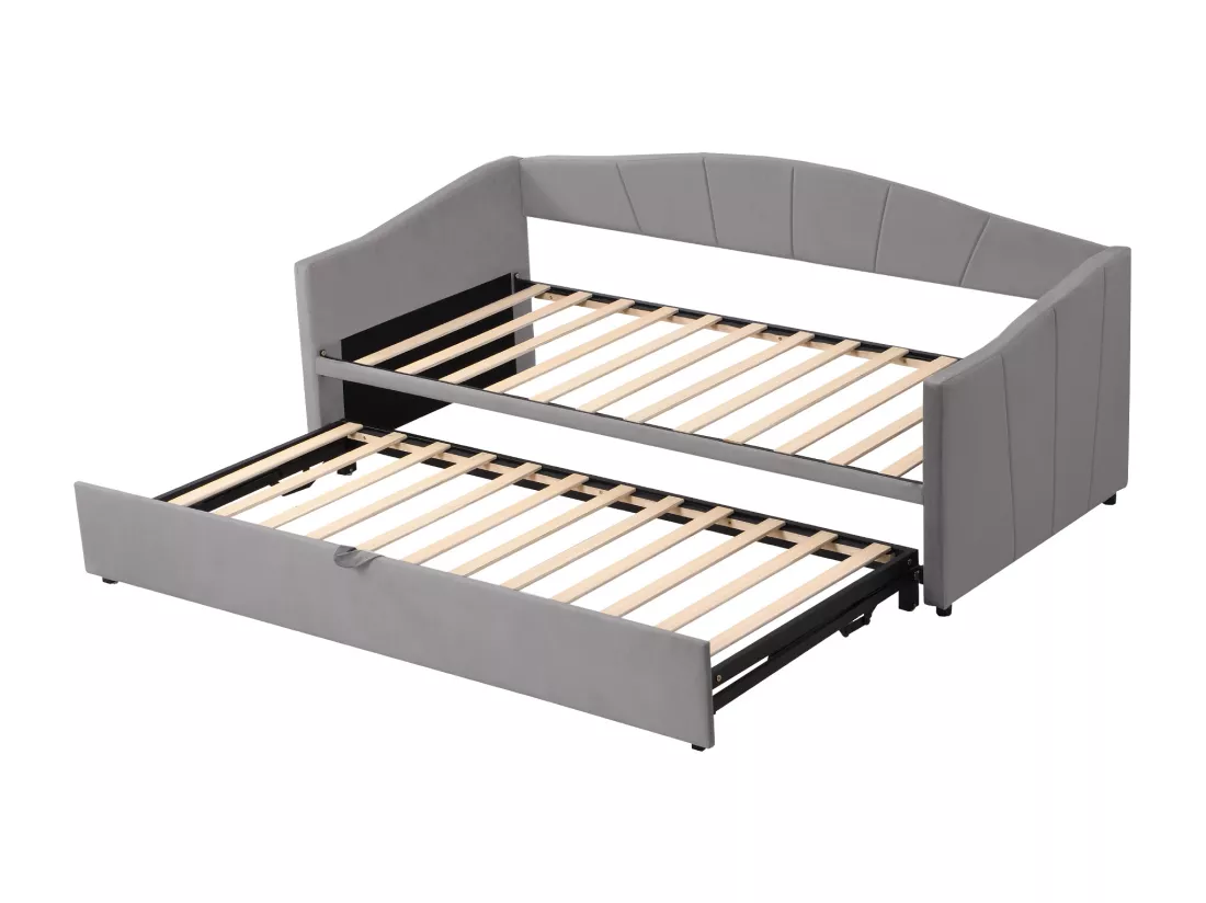 Lit gigogne en velours 180x200 cm - sommier à lattes - Gris