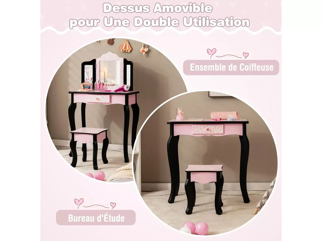 2 en 1 Coiffeuse Enfants Fille avec Miroir Amovible à 3 Volets & Tabouret, Table de Maquillage avec Tiroir & Dispositif Anti-Basculement, Charge 50kg pour Enfants de 3-7 Ans (Imprimé léopard)