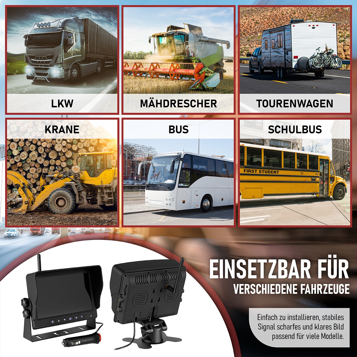CARMATRIX AHD QUAD DVR 4 Kanal Funk Rückfahrsystem Digital Auto Wohnmobil Monitor mit Mikrofon (4 Kameras)
