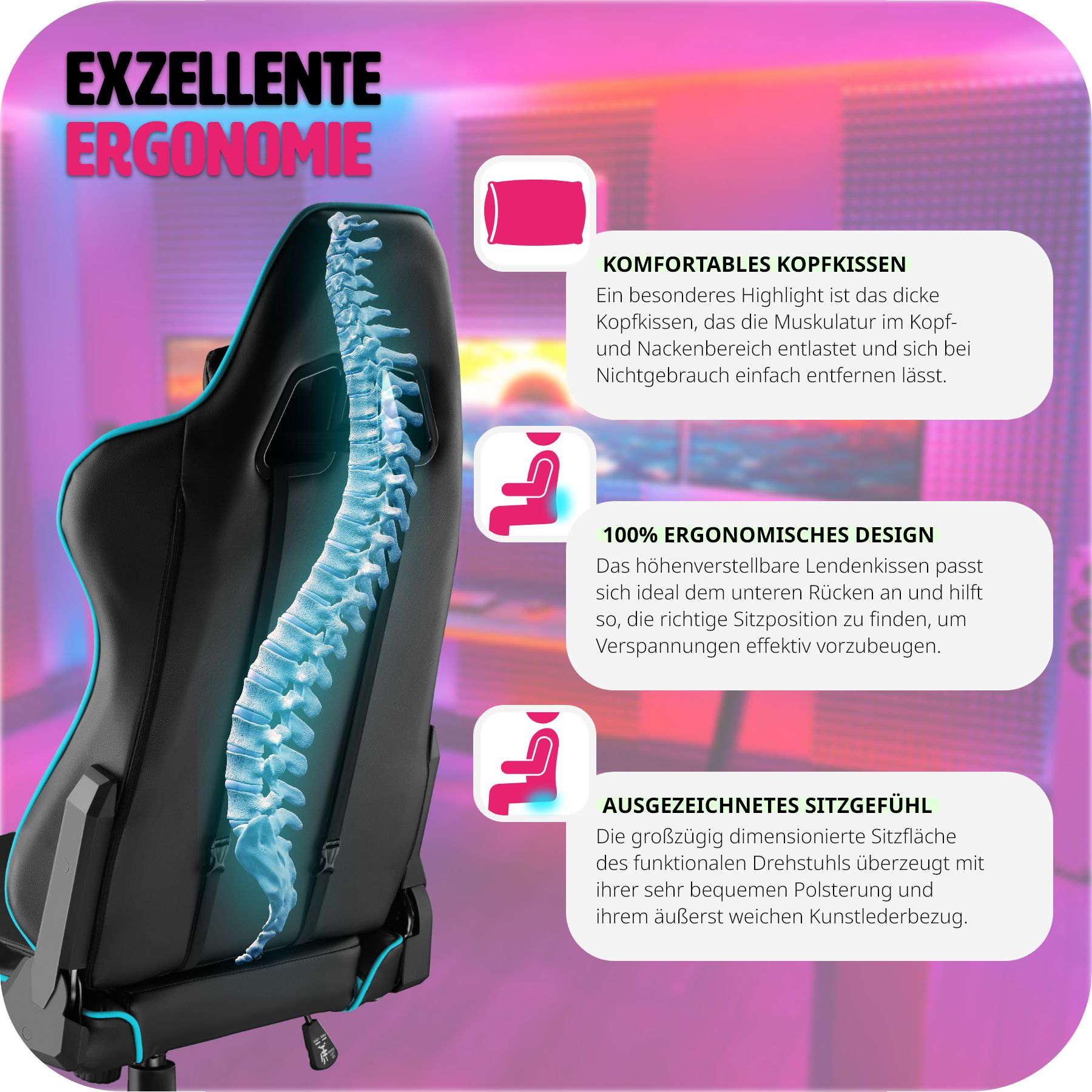 tectake® Racing Gaming Stuhl, ergonomische Form, mit verstellbarer Rückenlehne, Kunstlederbezug, abnehmbares Nacken- und Lendenkissen, Belastbarkeit 120 kg
