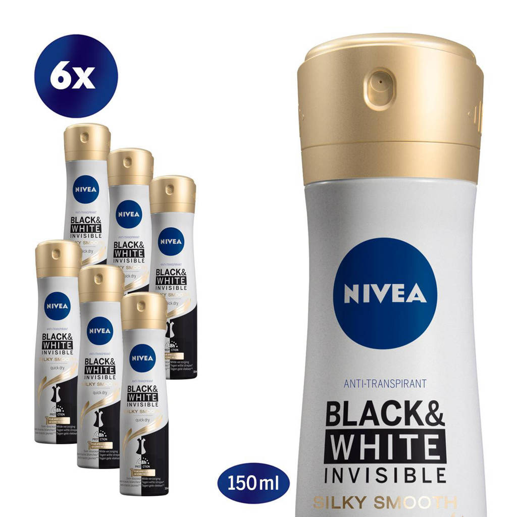 Fijn en fris!Black & White Silky Smooth deodorant spray - 6 x 150ml - voordeelverpaking