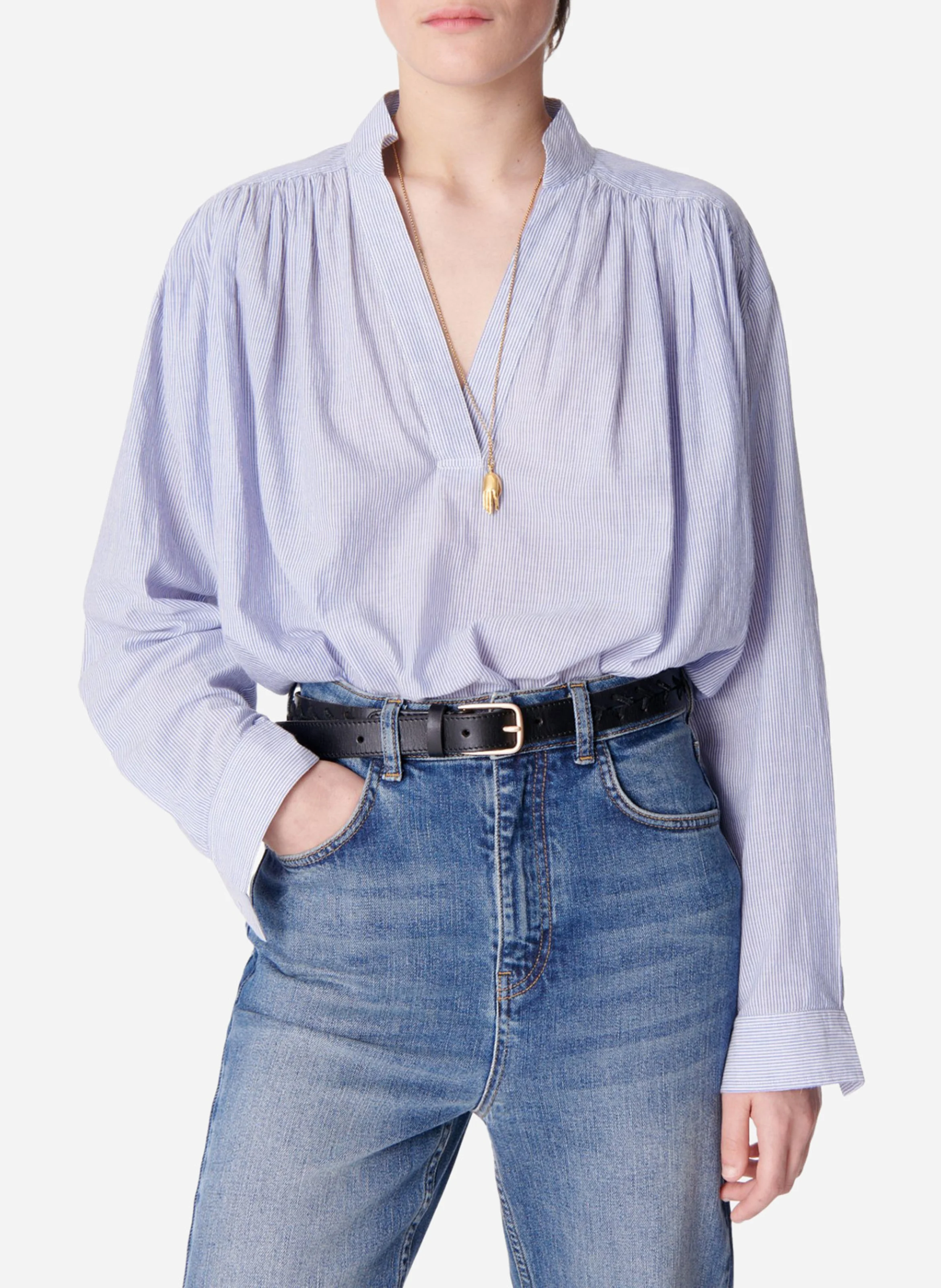 CALVIN - Blouse ample à col v en coton | Bleu