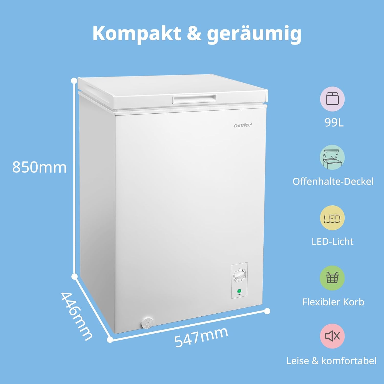 RCC102WH2EU(E) Gefriertruhe 99L, Leise 38dB, 4-Sterne-Gefrieren, Flexibel -30°C bis +10°C, 169 kWh pro Jahr, für Küche & Garage, Weiß