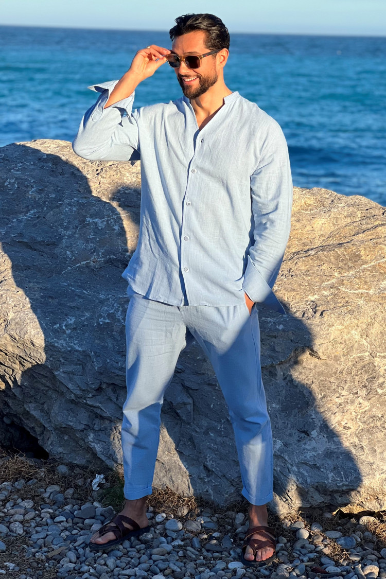 Ensemble 2 pièces chemise + pantalon effet lin bleu clair